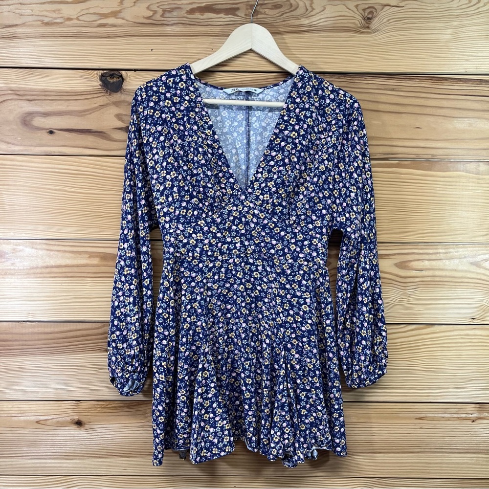 Zara Dress Small Purple Yellow Floral Mini Dress Long Sleeve Viscose V-Neck B130